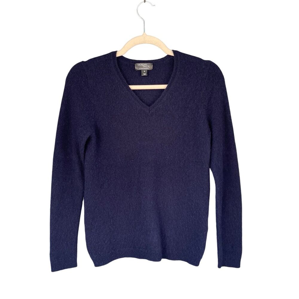 Morgan Taylor Women's Long Sleeve V-Neck Cashmere Sweater Navy Blue Medium B2